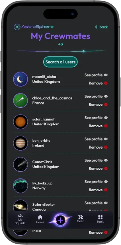 My Crewmates screen listing crewmates with their countries