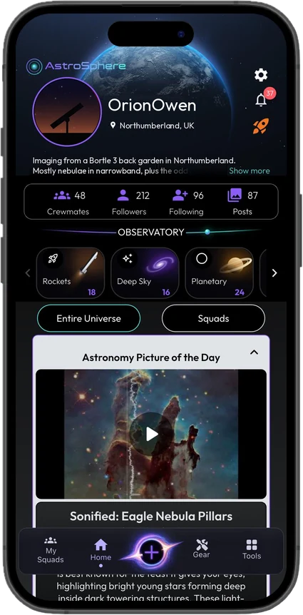 AstroSphere home screen with profile, bio, category tiles and NASA Picture of the Day