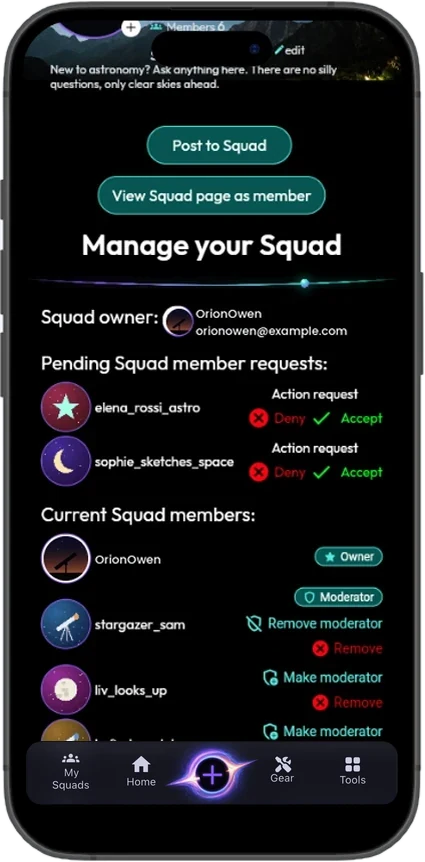 Manage your Squad view with pending requests to accept or deny, and current members with moderator controls